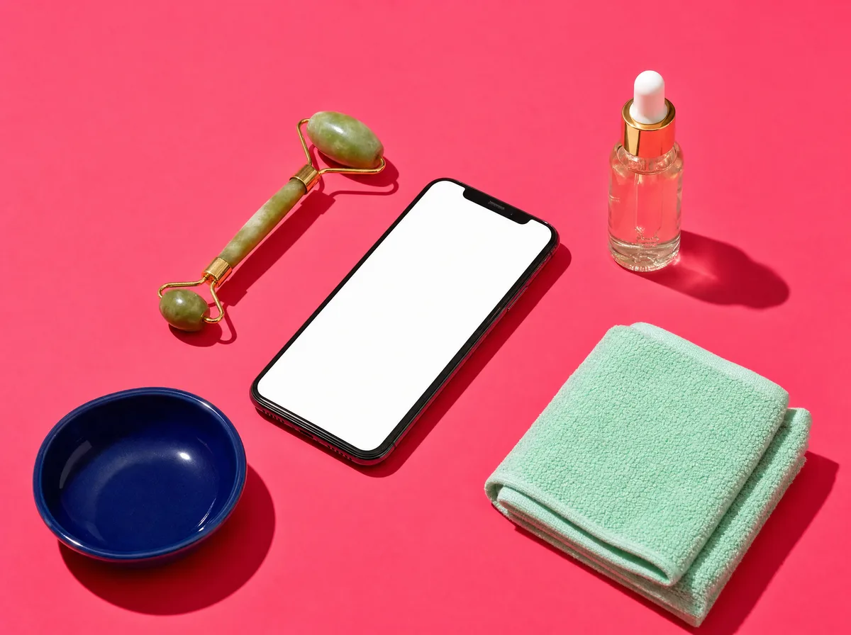 Smartphone on a hot pink background beside a jade facial roller, serum bottle and folded towel