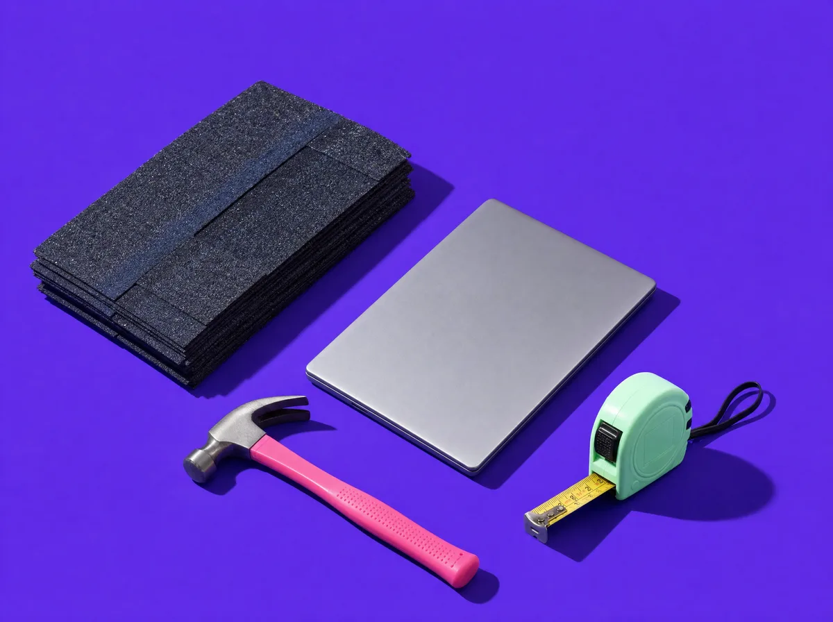Stack of navy roof shingles, pink hammer, tape measure and a laptop on a violet background