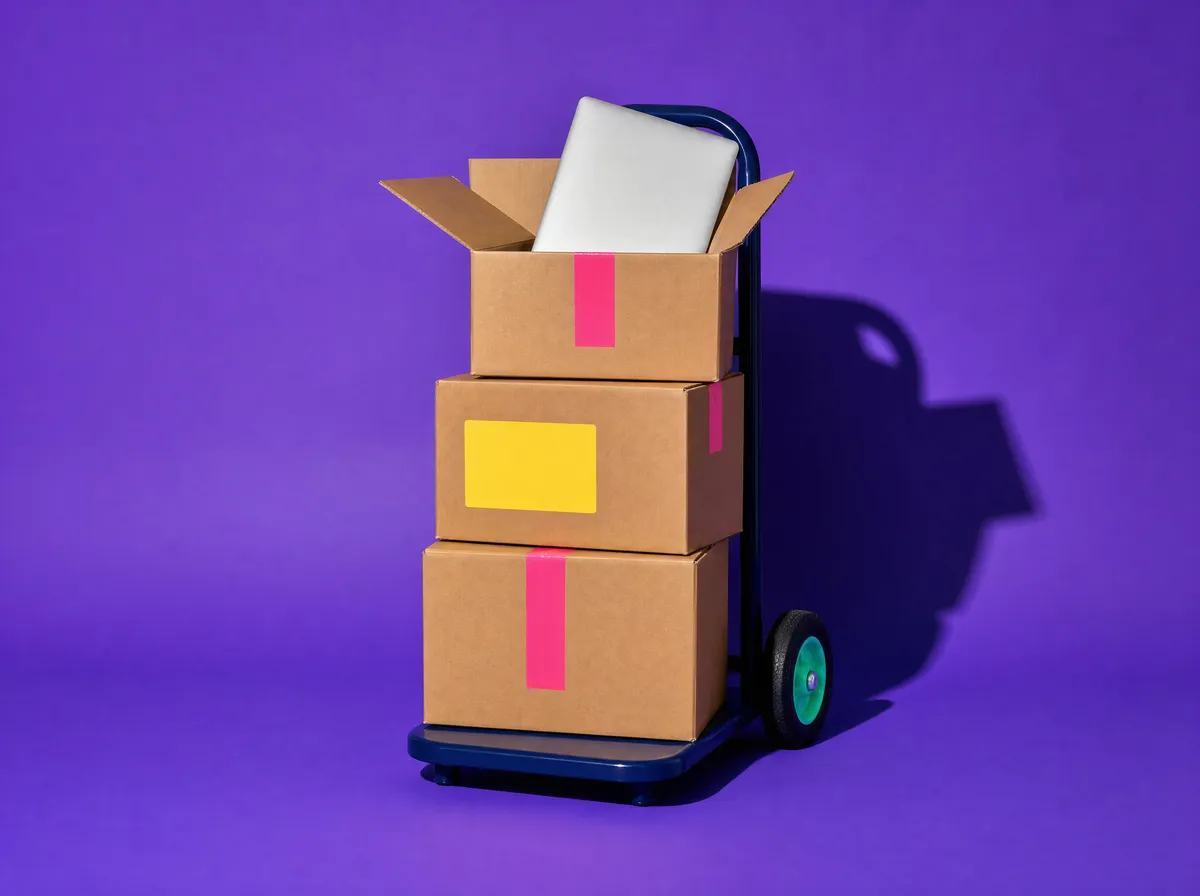 Moving boxes on a hand truck, a laptop peeking out of the top box