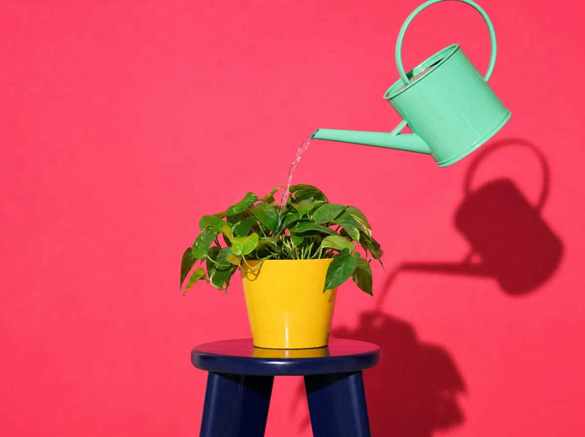 A watering can pouring water into a healthy potted plant on a navy stool