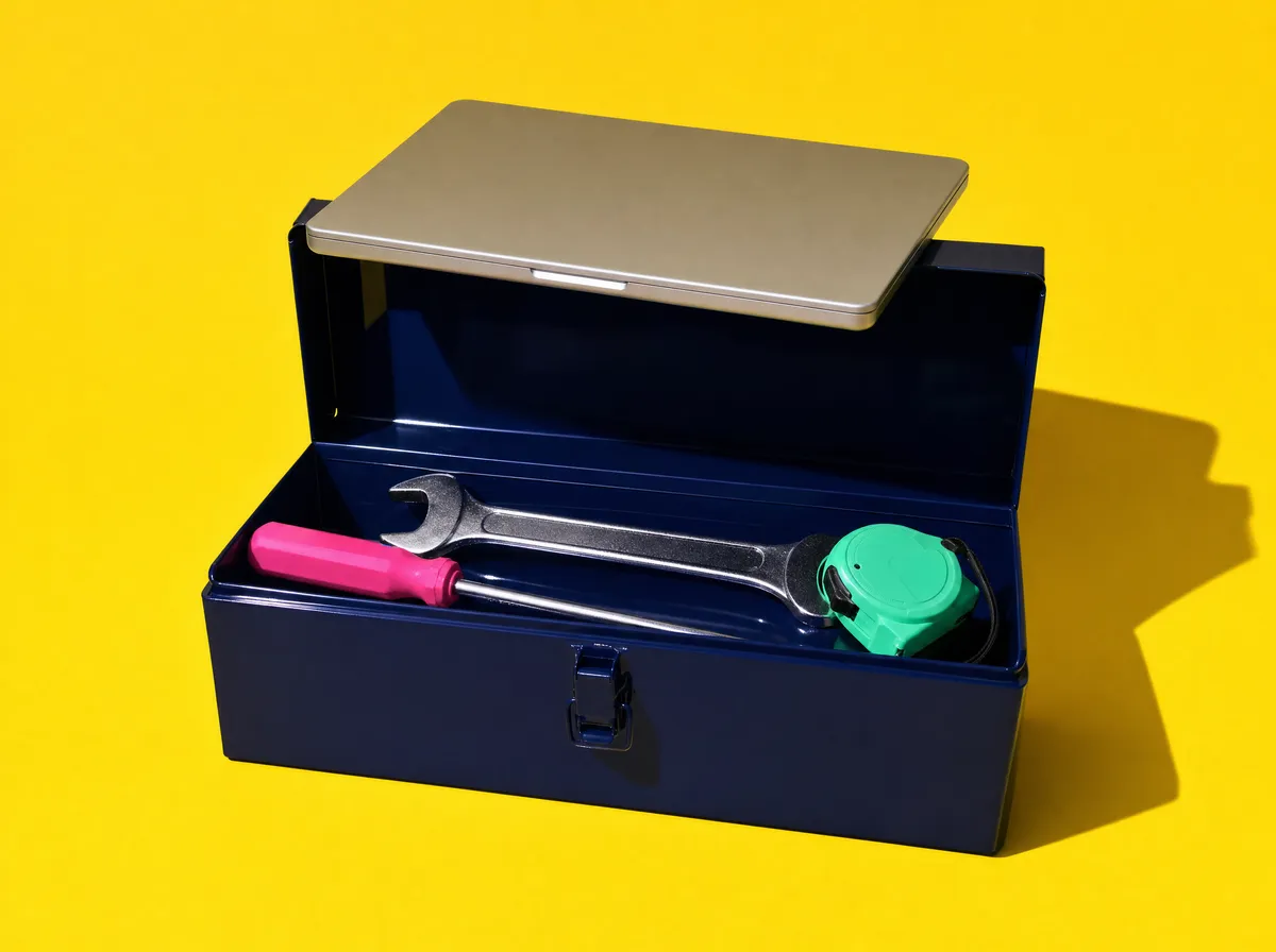 Open navy toolbox with a wrench, screwdriver and tape measure, a laptop resting on the lid
