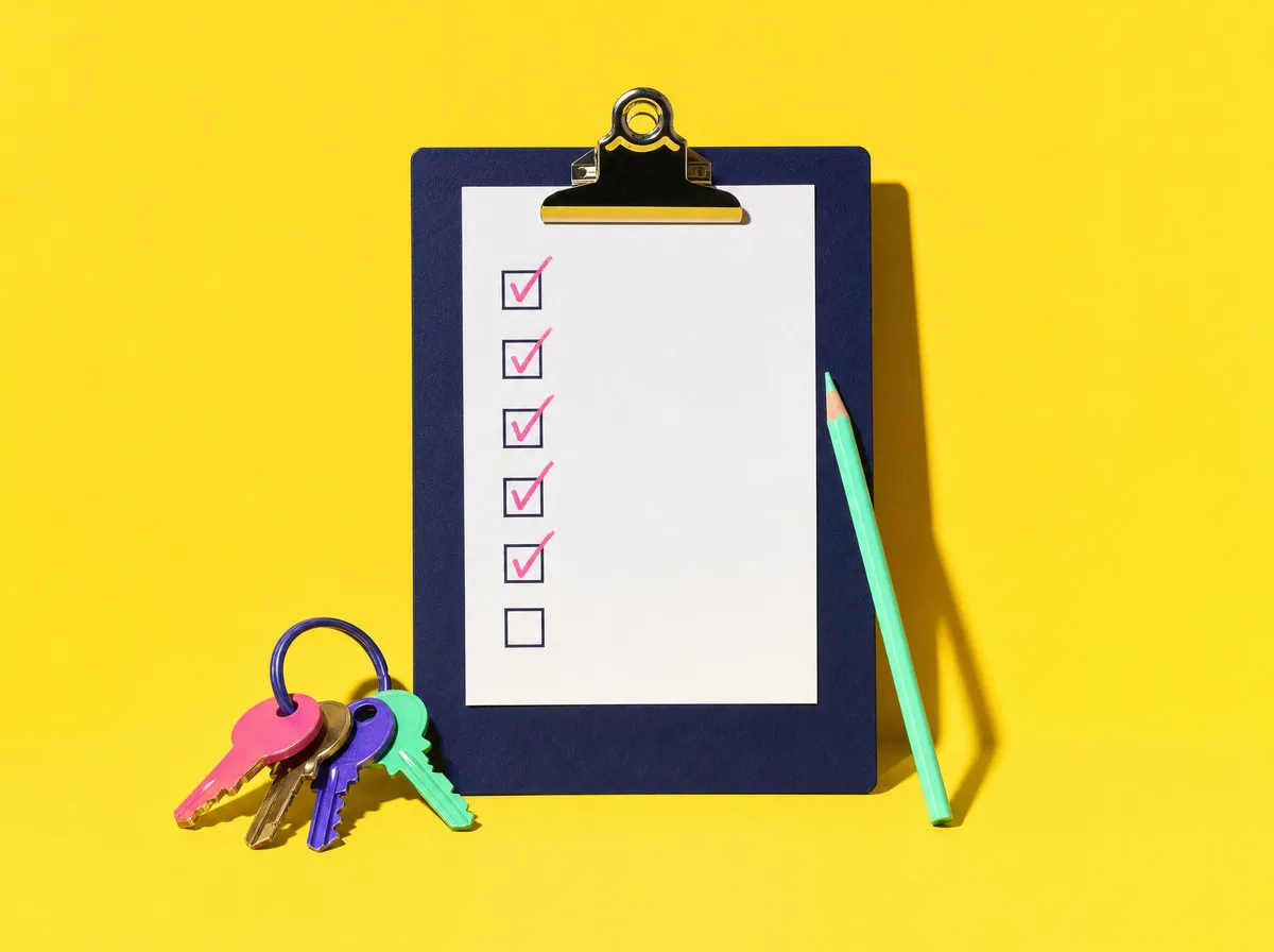 A clipboard checklist with most boxes ticked, beside a ring of keys and a pencil