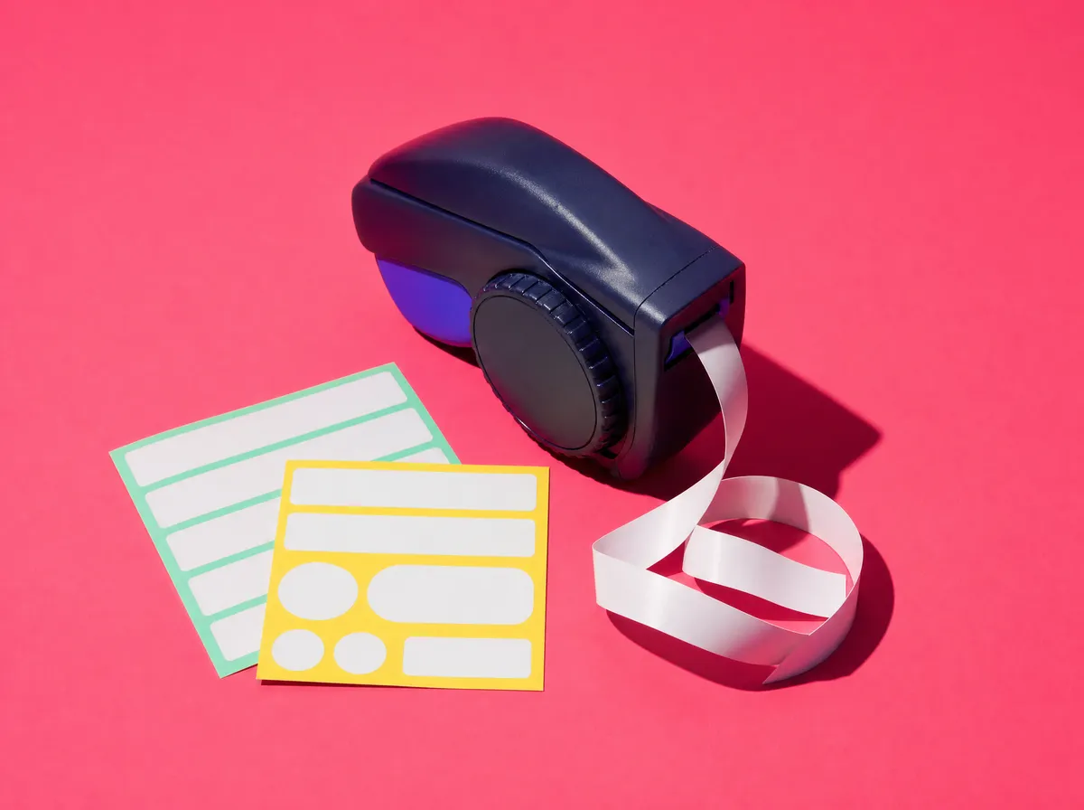A label maker printing a strip of blank labels next to blank sticker sheets