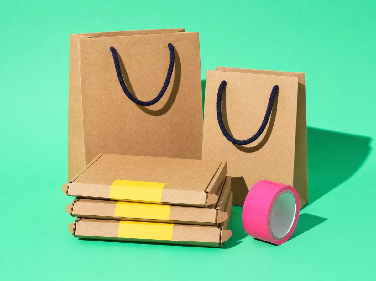 Kraft shopping bags, shipping mailers with yellow labels and a roll of pink packing tape